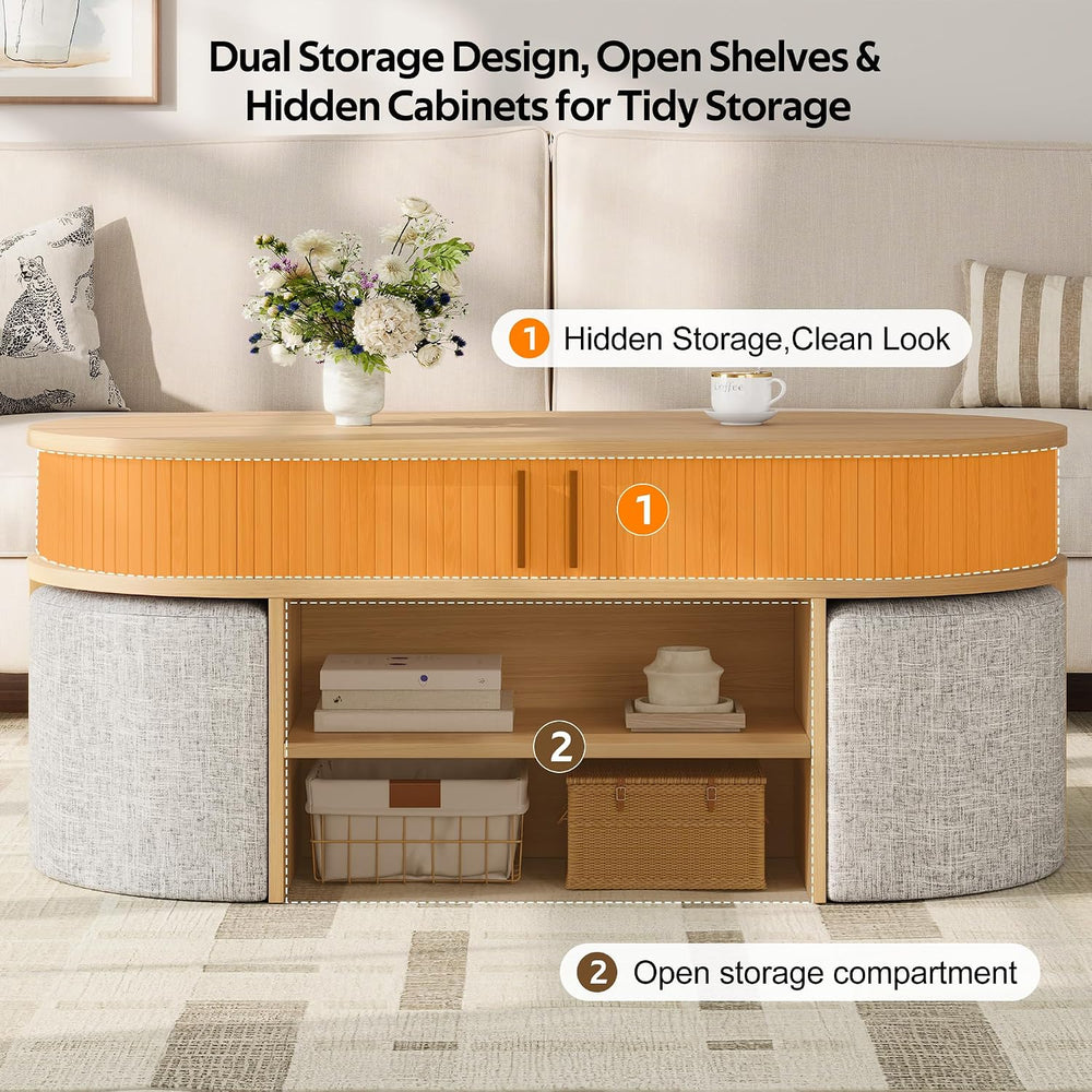 Oval Coffee Table Set with Storage and 4 Fabric Stools,Center Table | Feature...