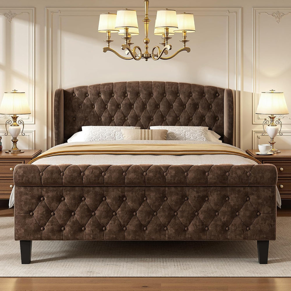 BedsPick Brown Upholstered Queen Bed Frame with 42" Wingback Headboard, ...