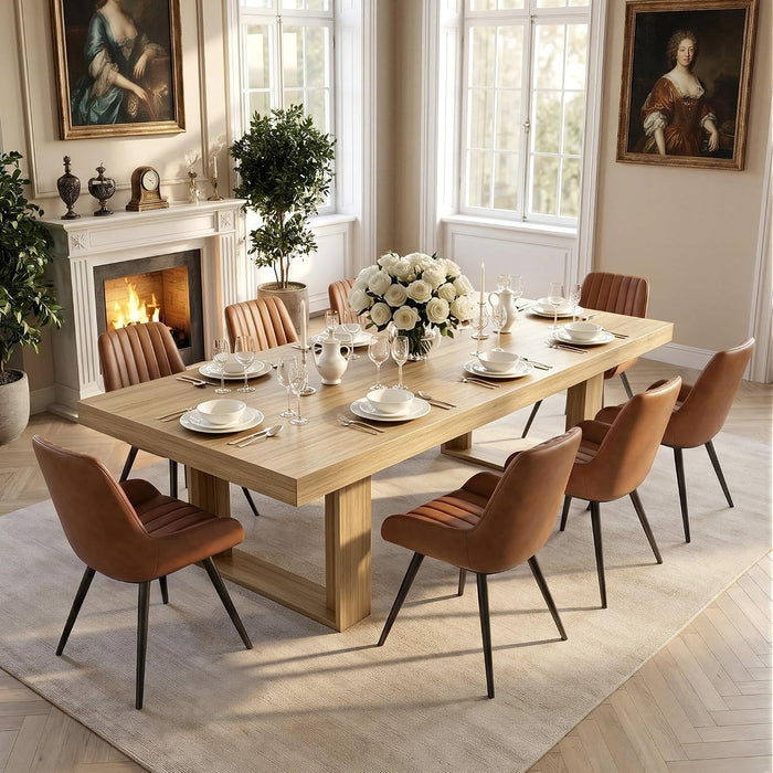 Miereirl 9-Piece Modern Farmhouse Dining Table Set, 86.6" x 47.2" Sturdy Stable Dining Table with 8 Chairs, Rectangular Kitchen Table Set for 8,(Natura Table+8 Brown Chairs)