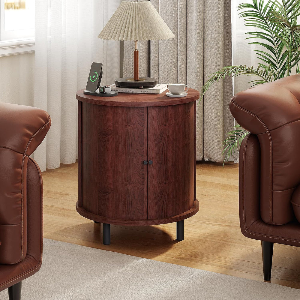 FROMJBEST Round End Table with Storage, Fluted Accent Side Table with Sliding...