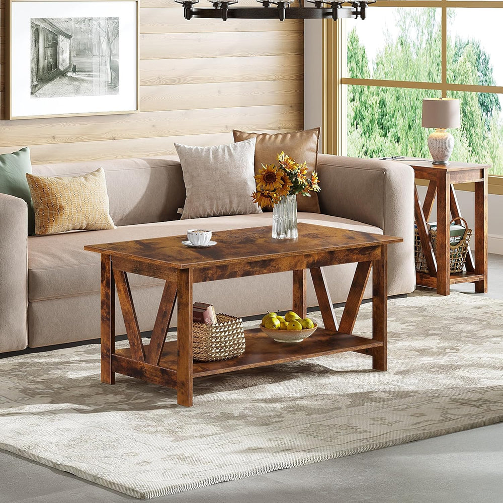 WLIVE 39.4" Farmhouse Coffee Table, Wood Center Table Storage Dark Brown