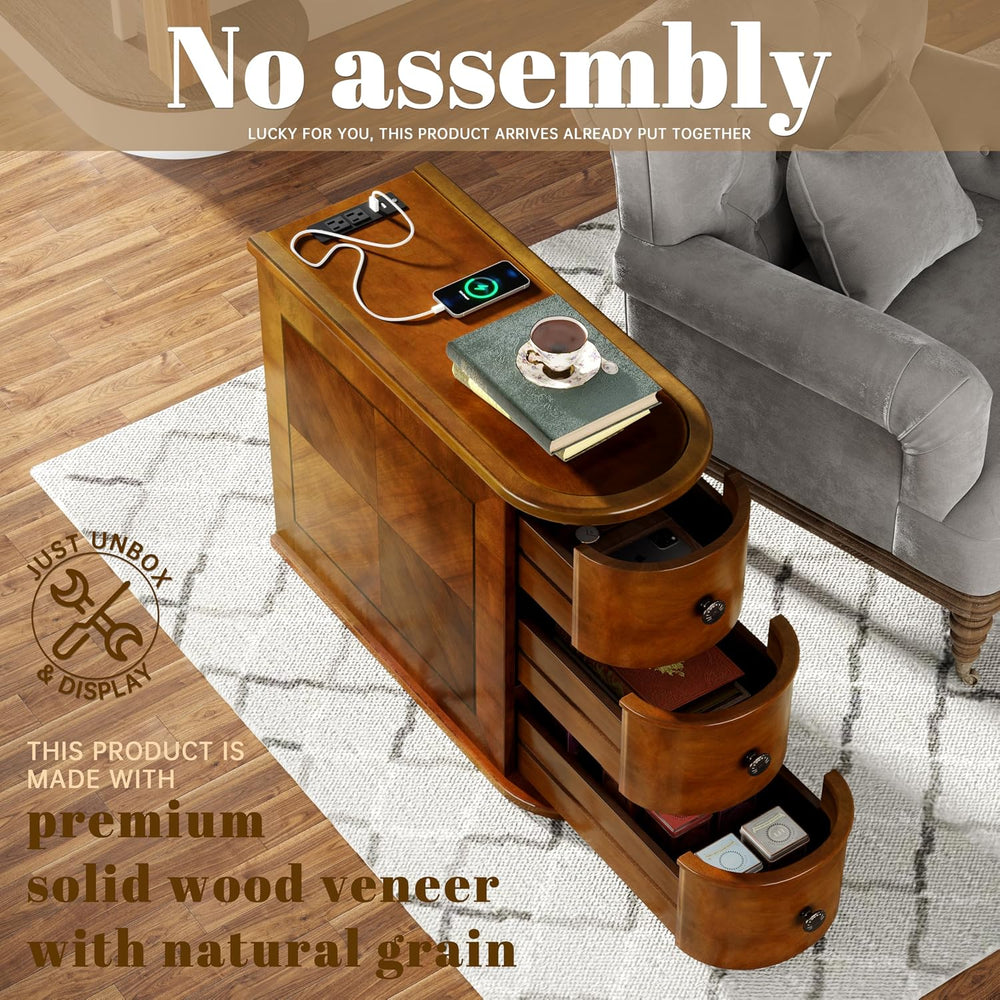 Solid Wood End Table with Charging Station, No Assembly Required Narrow Sofa ...