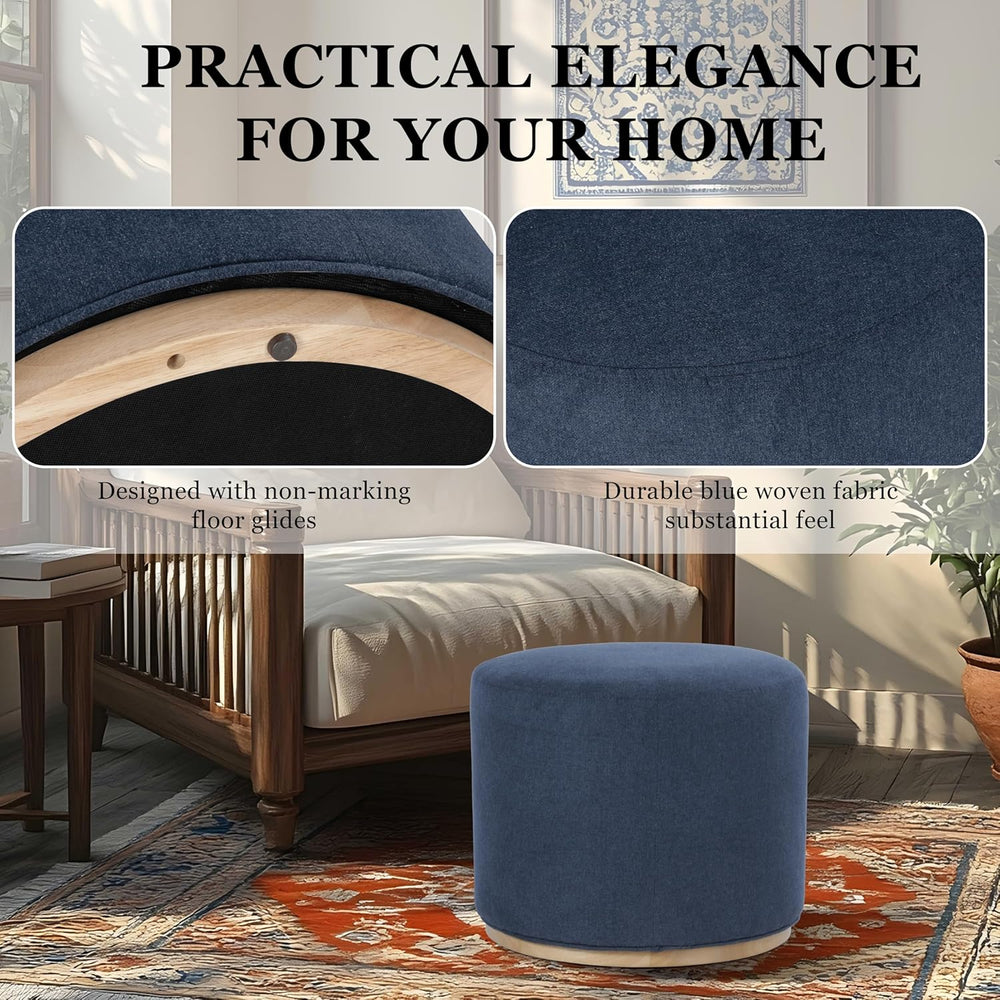 Spatial Order 22" Round Ottoman with Wooden Base - Blue Woven Fabric