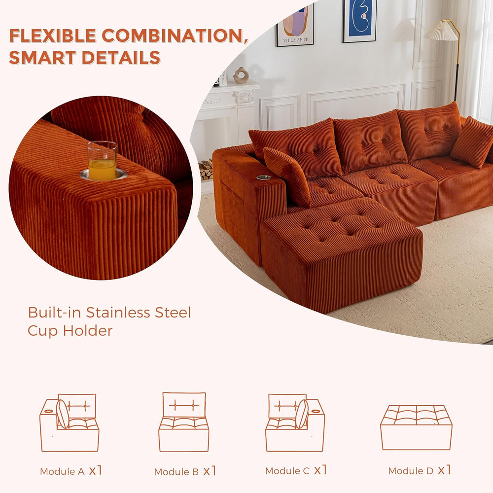 MAXYOYO Couch, L-Shaped Modular Cloud Couch, 4-Seat Sofa, Ottoman | Orange Tu...