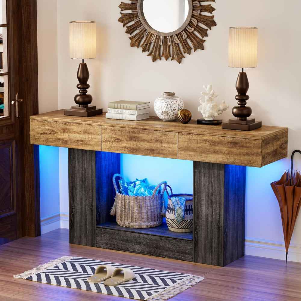 PAKASEPT 63'' Farmhouse Entryway Table with 3 Drawers & LED Light...