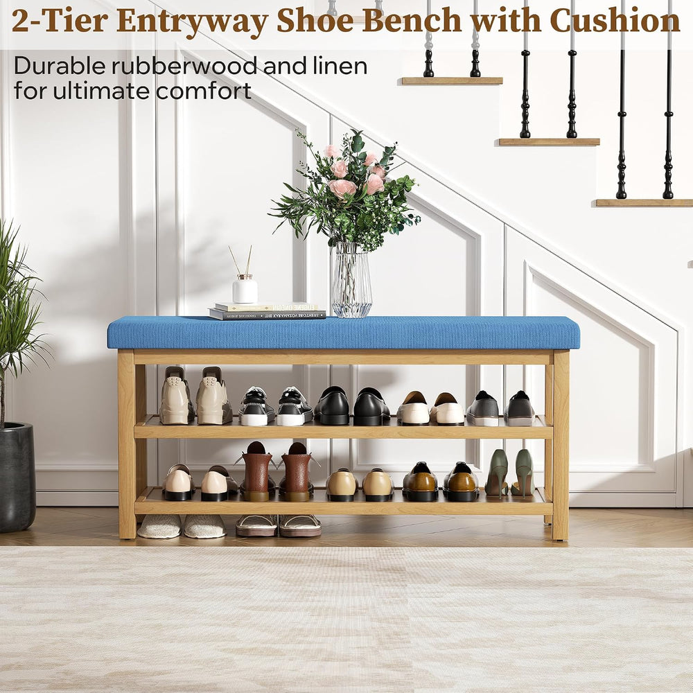 2 Tier Shoe Rack Bench with Cushion, Rubberwood Shoe Benches, Mid-Century Mod...
