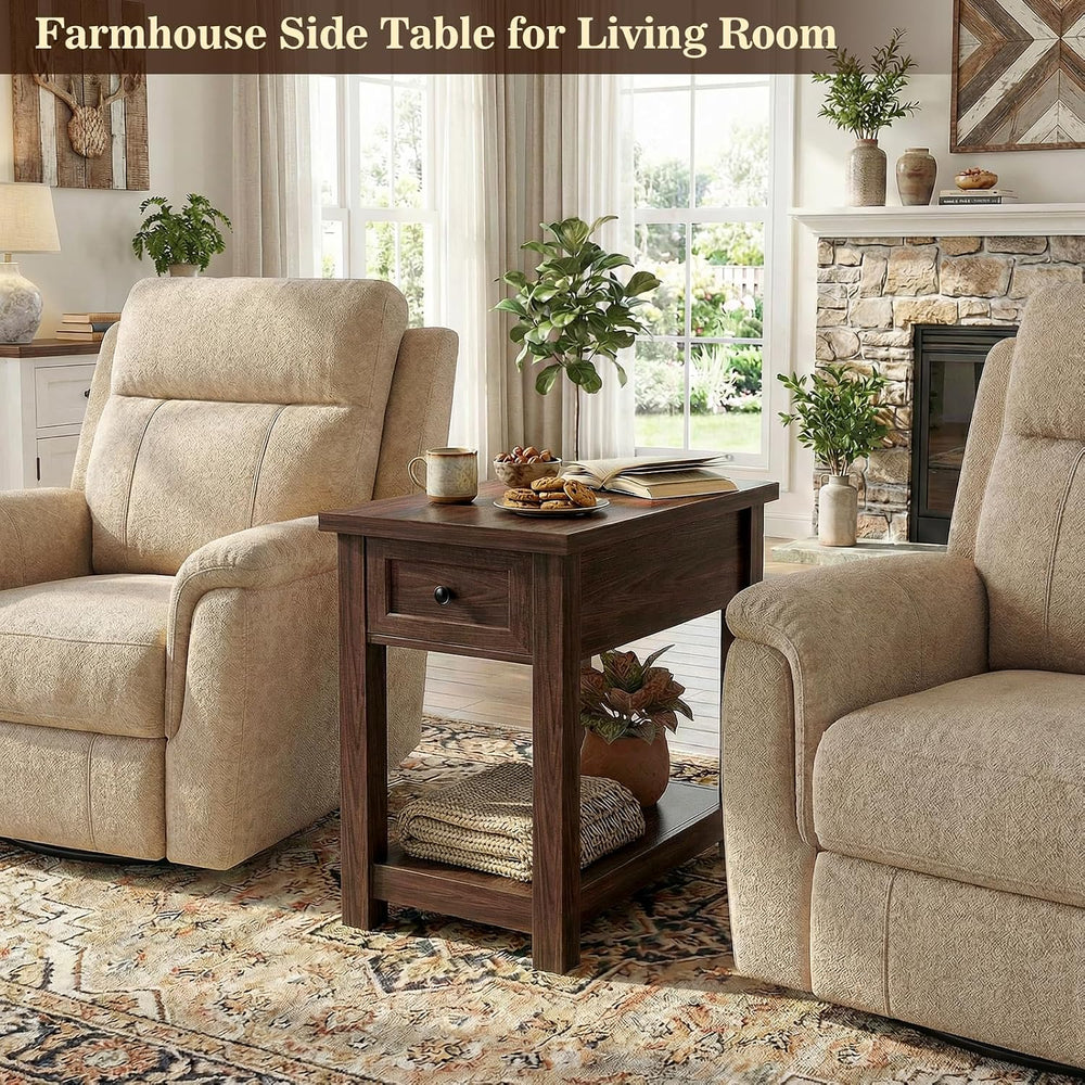 Farmhouse Narrow End Table Set of 2 with Charging Station, 13.8" Wide