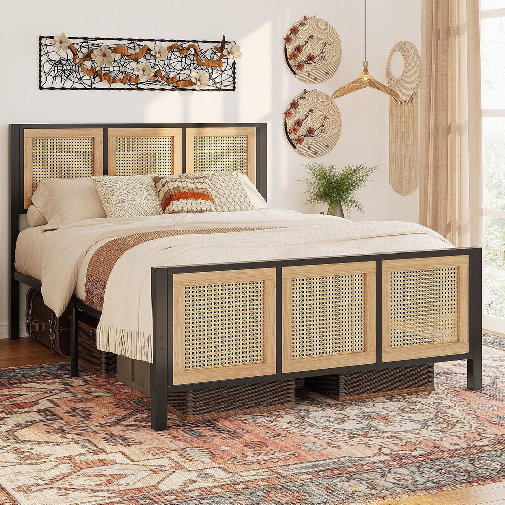 LIKIMIO Queen Bed Frame, Platform Bed Frame with Rattan Headboard