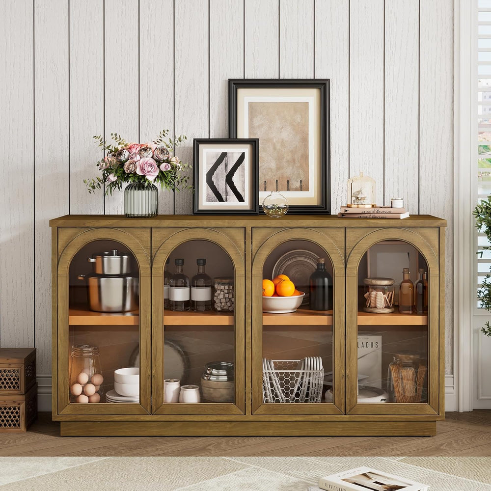 SOFTSEA Farmhouse 58" Sideboard with Adjustable Shelves, Glass Arch Buff...