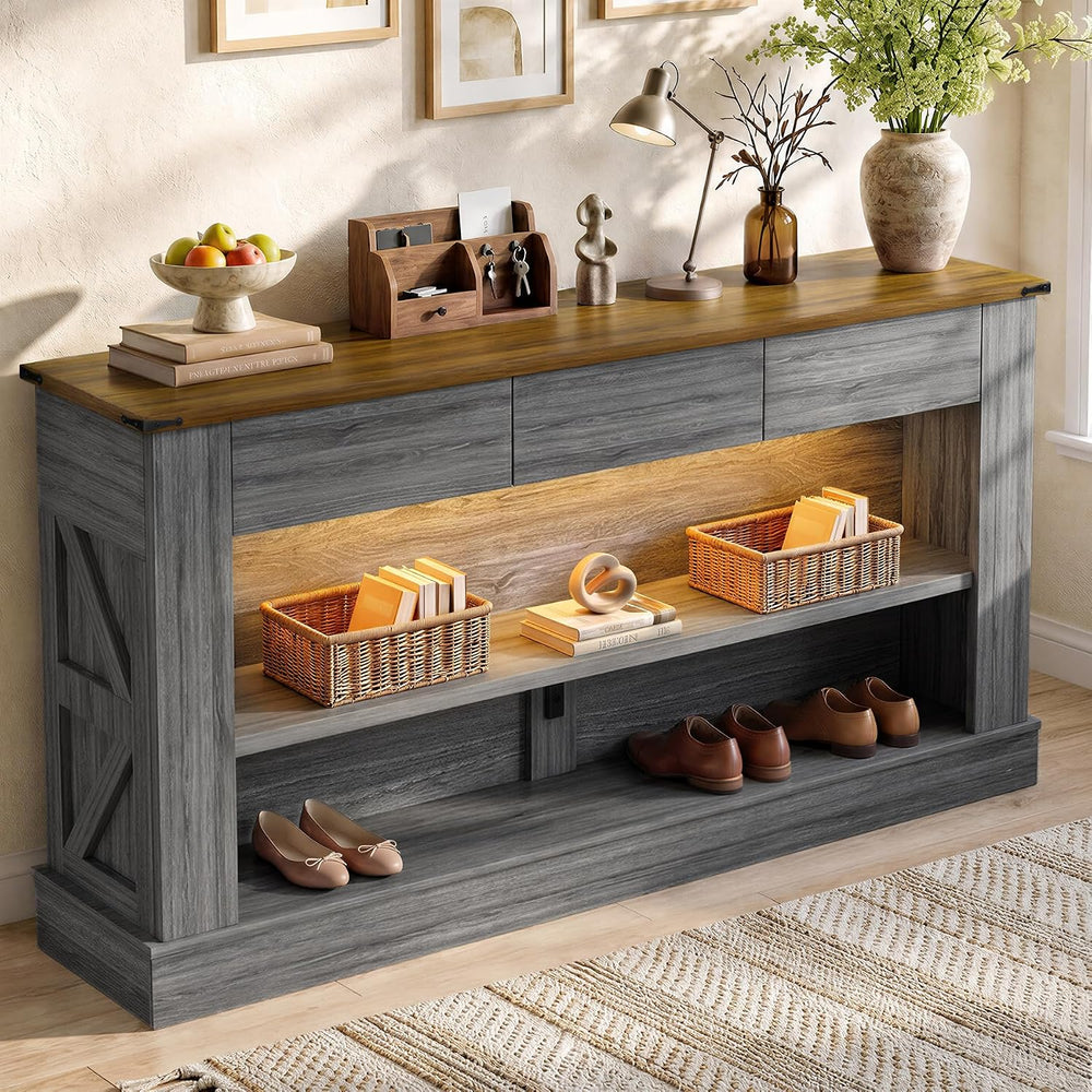 Miereirl 63" Console Table with Drawers & LED Light, Brown & Dar...