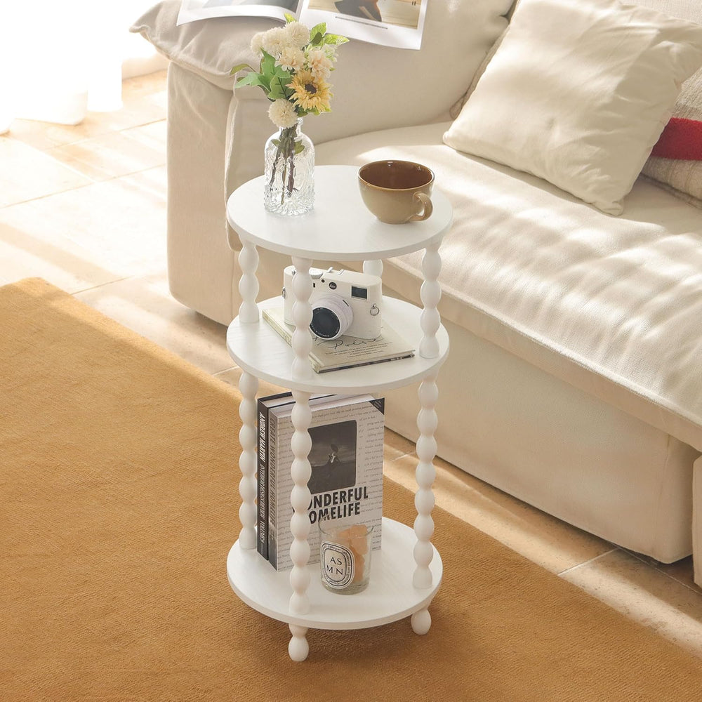AWASEN Small Round Side Table, White End Table with 3-Tier Open Shelf for Sma...