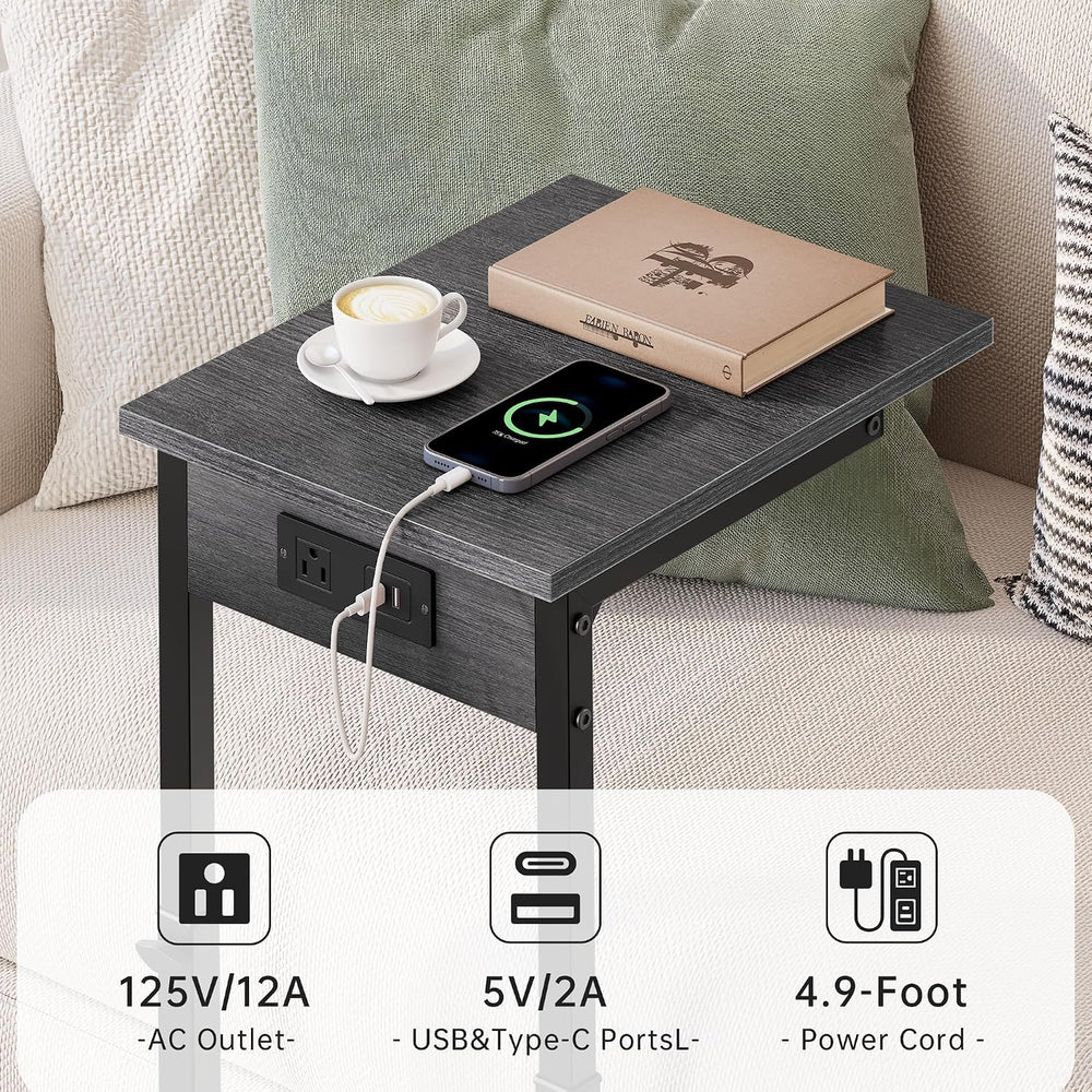 Vagusicc C Shaped End Table with Charging Station, 33" Tall Side Table f...