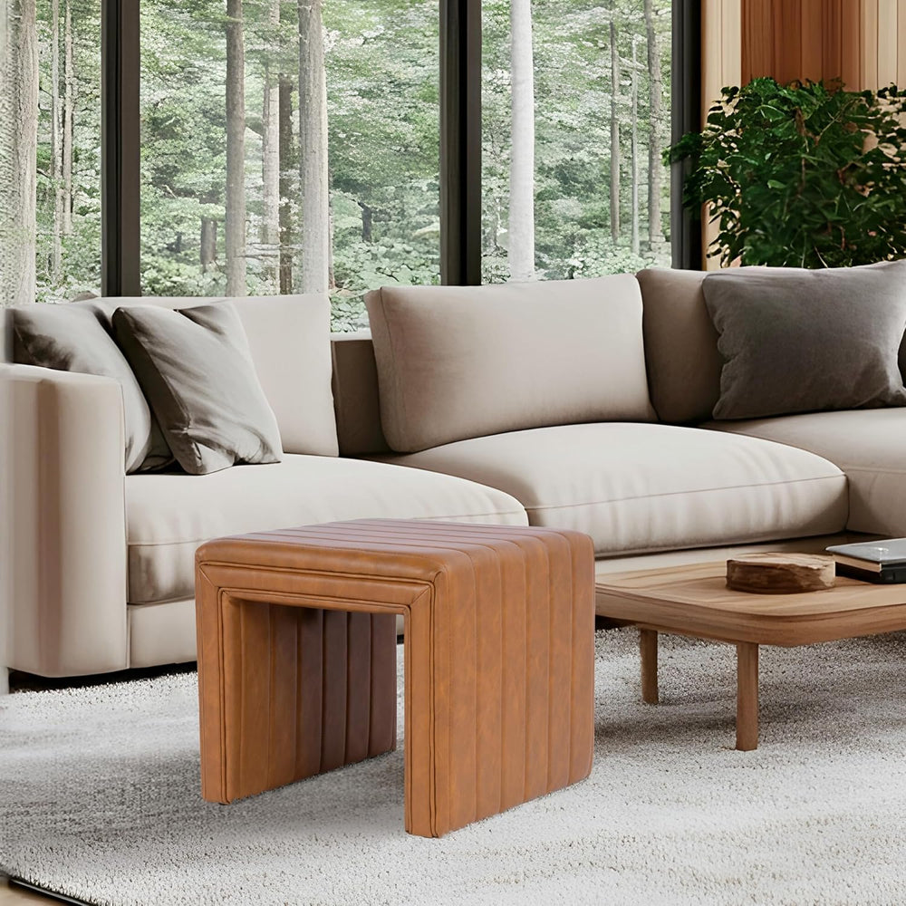 HomePop 19" Modern Channel Tufted Ottoman - Carmel Brown Faux Leather