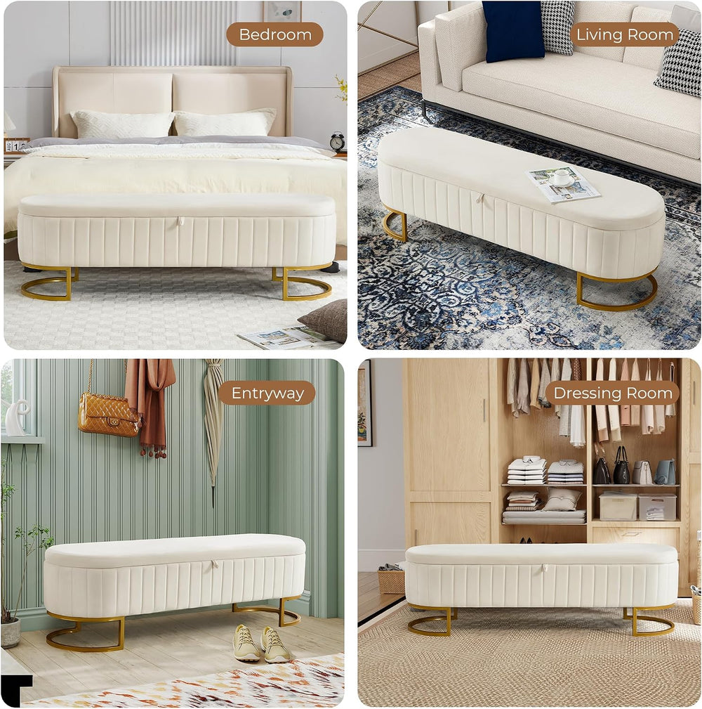 Storage Ottoman Bench, 63" Velvet End of Bed Bench Bedroom Bench King Si...