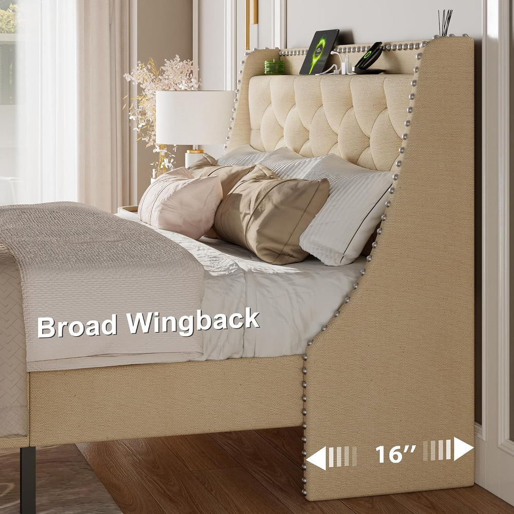 Feonase Queen Bed Frame with Luxury Wingback and Fast Charging Station,Queen ...