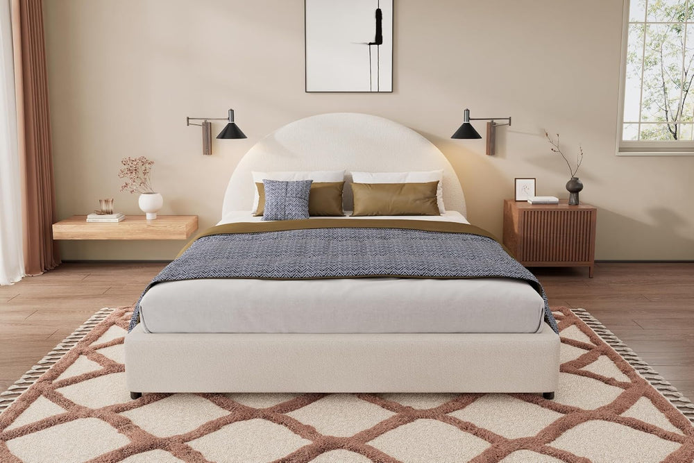 Peanu Queen Bed Frame, Boucle Upholstered Curved Headboard, White