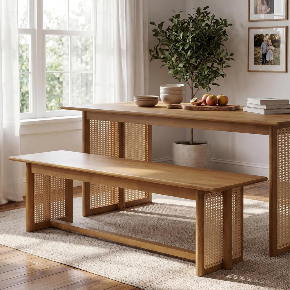 Merax Rustic Wooden Rectangular Kitchen Bench with Rattan Accents Legs, Farmh...