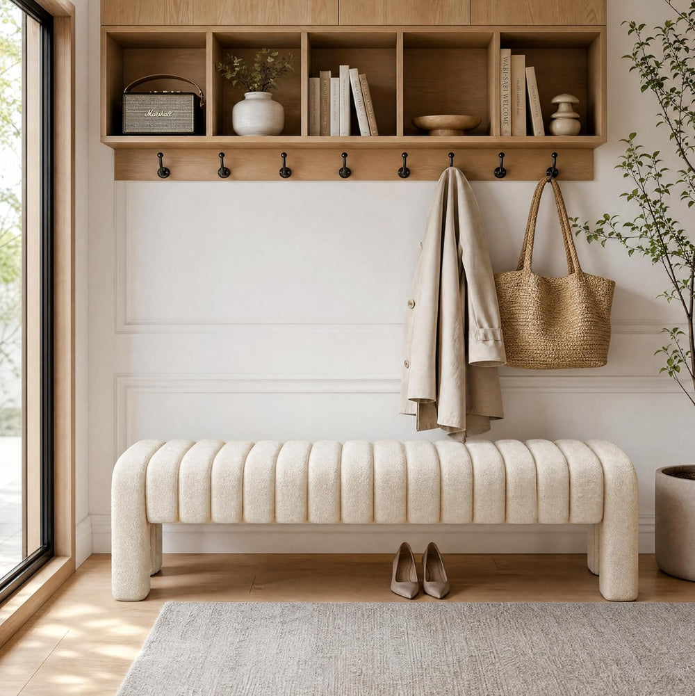 63’’ Bedroom Bench, Upholstered End of Bed Bench with Solid Wood Legs, Modern...