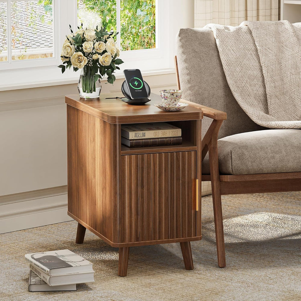 Huuger Narrow End Table with Charging Station, USB-C Port, Fluted Nightstand ...