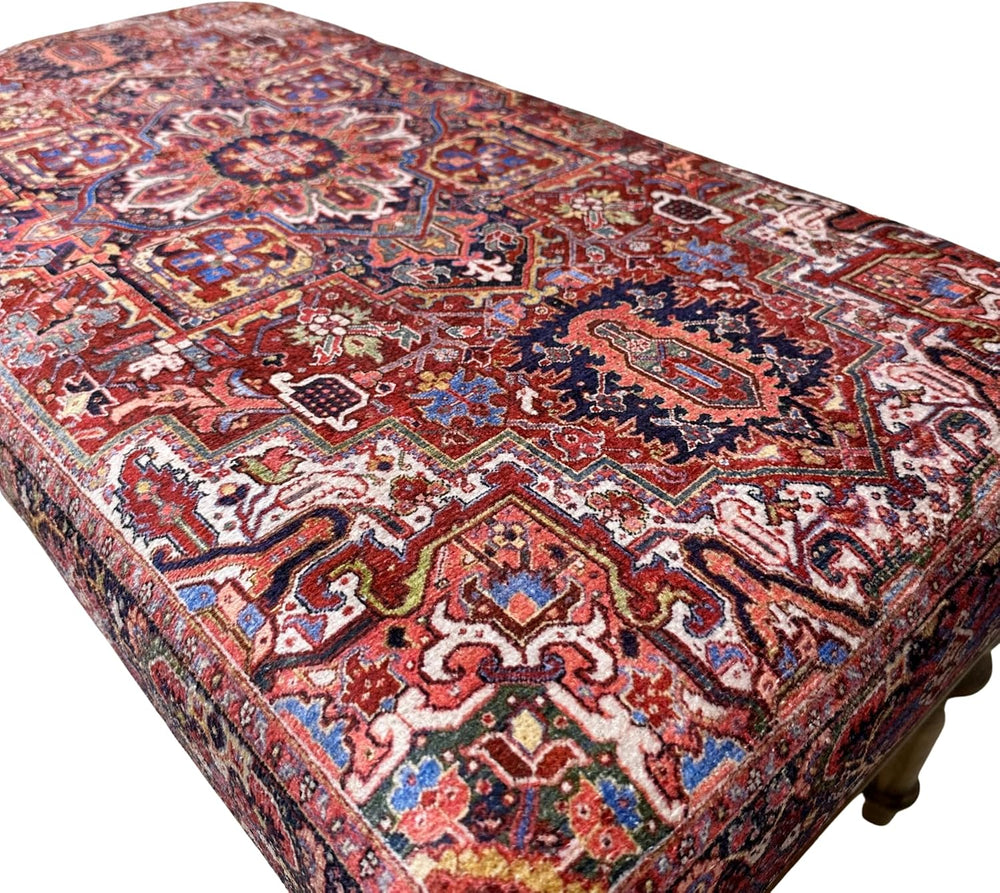Boho Red Heriz Rug Upholstered Ottoman Bench, Piano Bench, Decorative Farmhou...