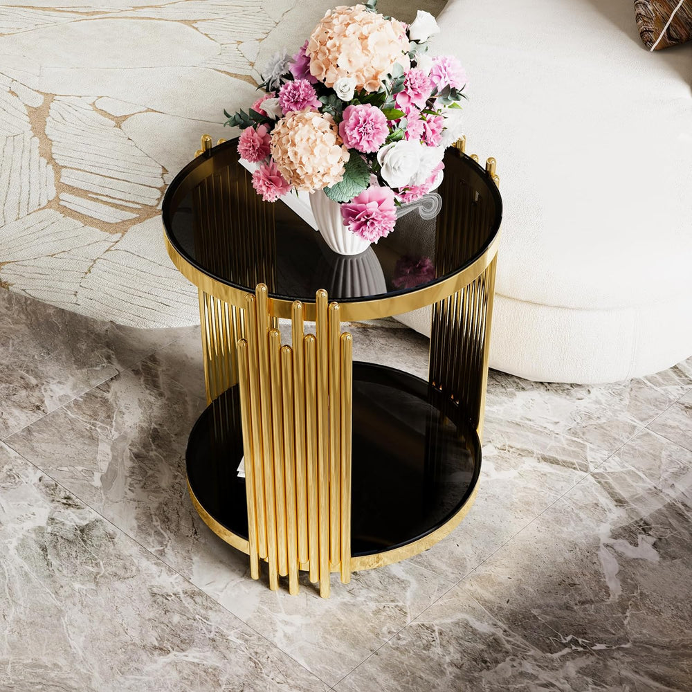 19.8" Round End Table with Gold Finish & Lower Shelf, Modern Black M...