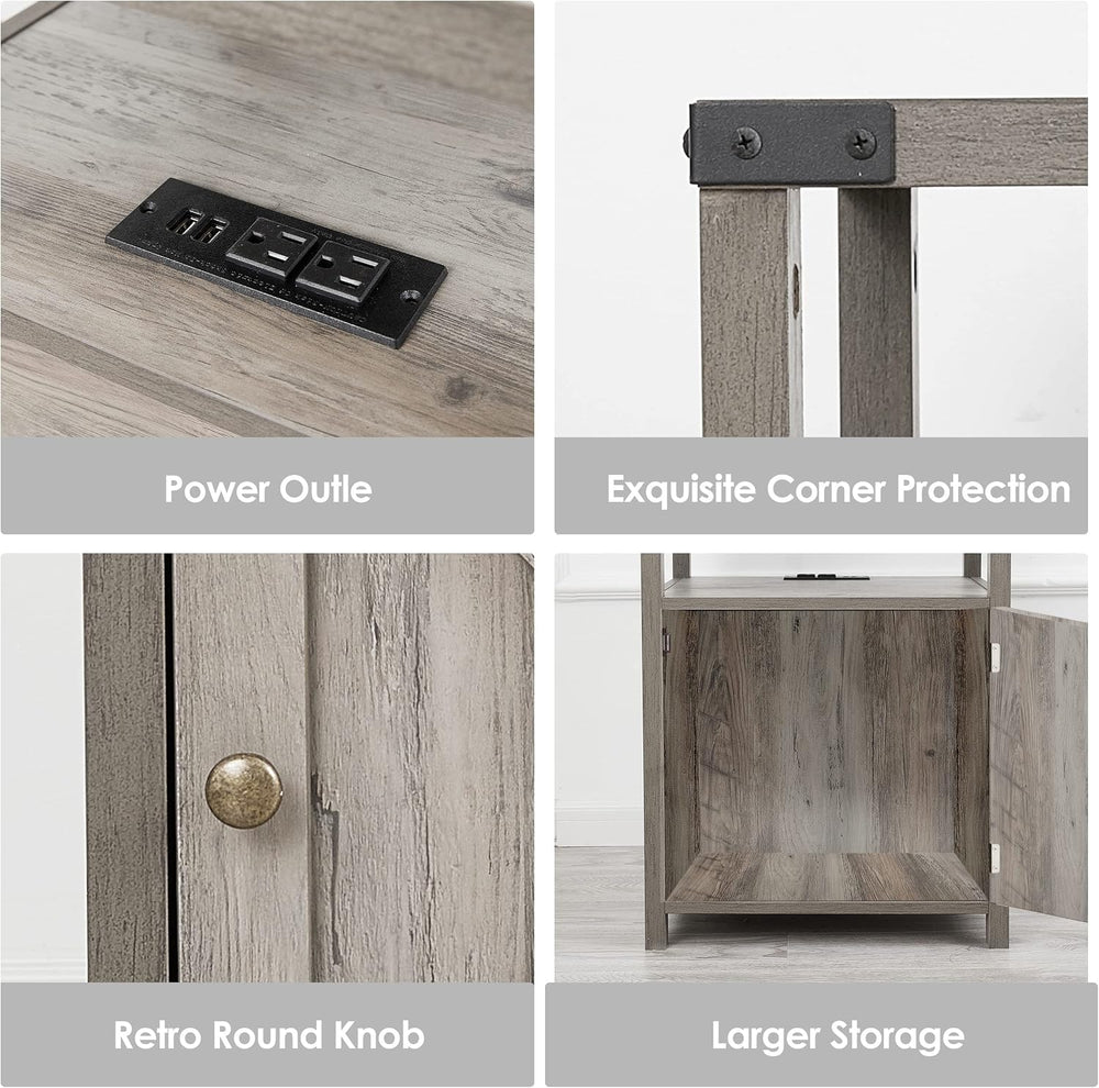 Farmhouse Nightstand with Charging Station, Rustic End Table Bedroom with Sto...