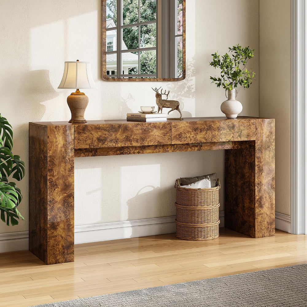 AMERLIFE 63" Modern Burl Wood Console Table with High Gloss Finish | Ent...