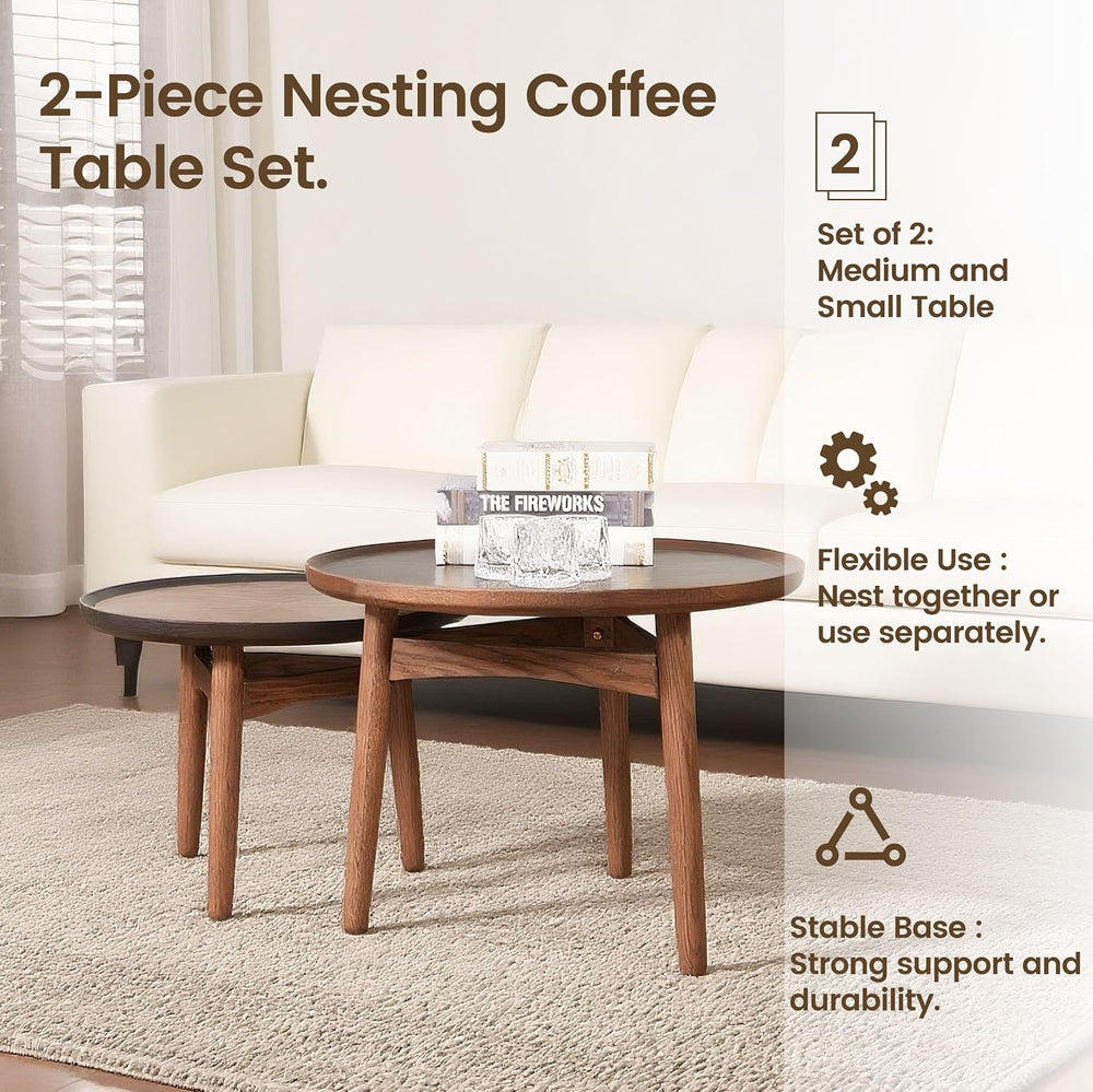 CONSDAN 24 Round Coffee Table, Solid Oak Frame & Veneer Top, USA Grown Ha...