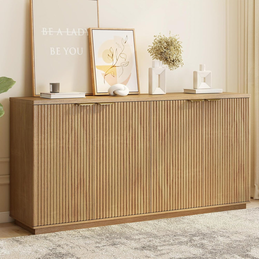 Fluted Sideboard Buffet Cabinet, 63" Wooden Credenza Storage Cabinet wit...