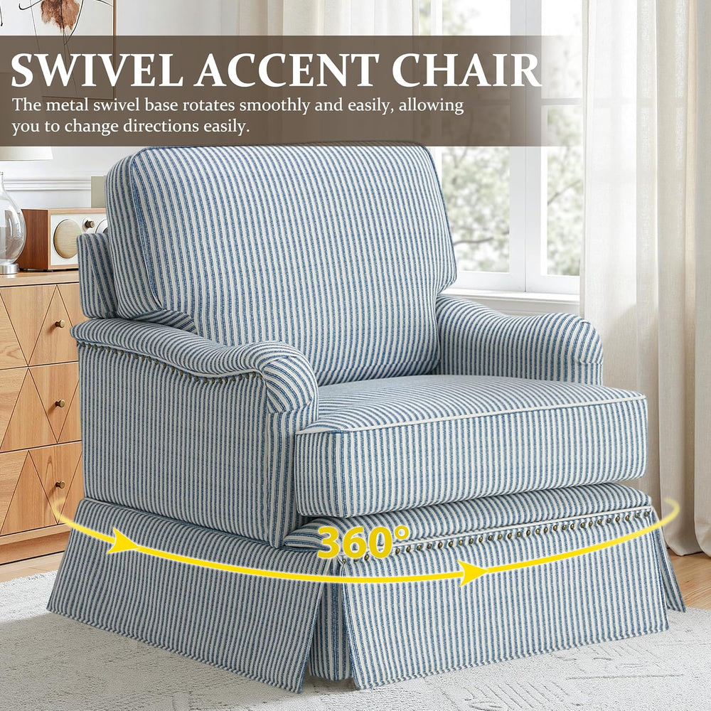 Swivel Accent Chair with Ottoman, Pinstripe Blue