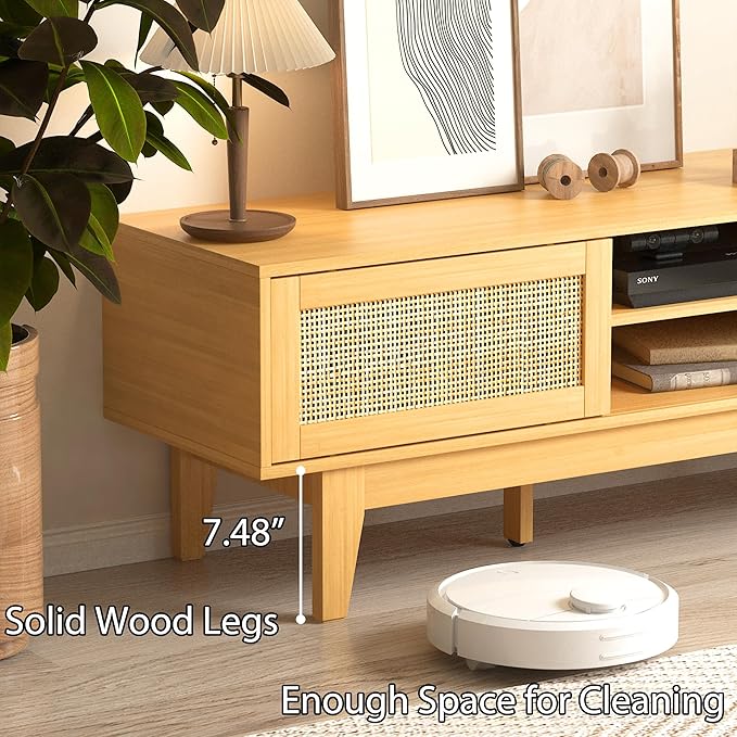 Boho TV Stand for 55 65 Inch TV, Rattan Entertainment Center with Shelves, Ca...