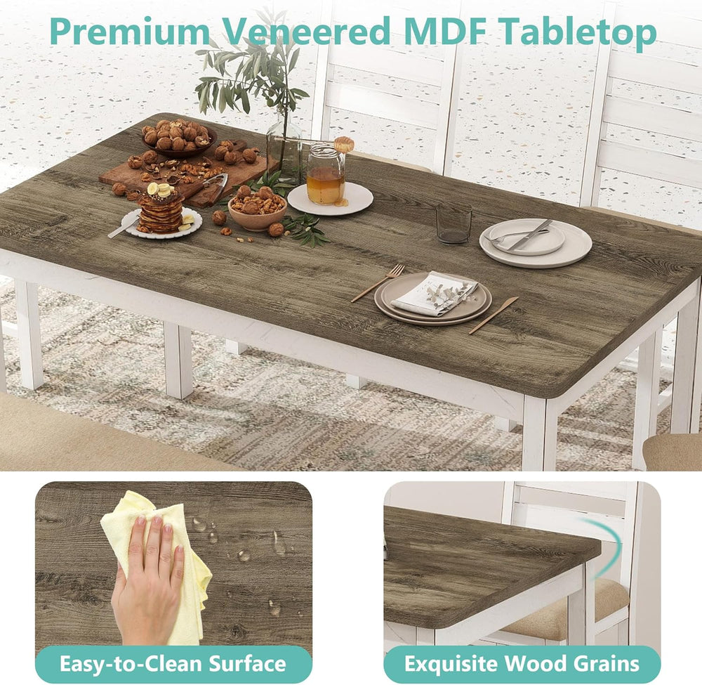 ROCSUMOO 6 Piece Farmhouse Dining Table Set of 6 with 4 Chairs & 1 Bench ...