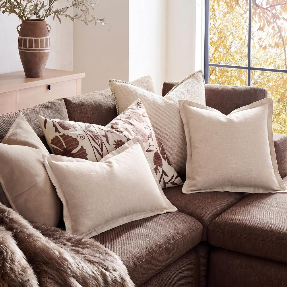 Fancy Homi 2 Pcs Linen Natural Neutral 28x28 Inch Flange Throw Pillow Cover