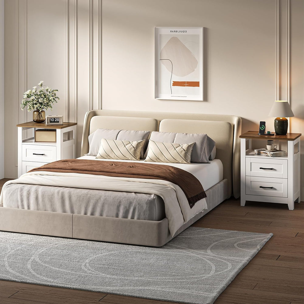 Decofy Farmhouse 2-Drawer Nightstand Set of 2 with Charging Station, White