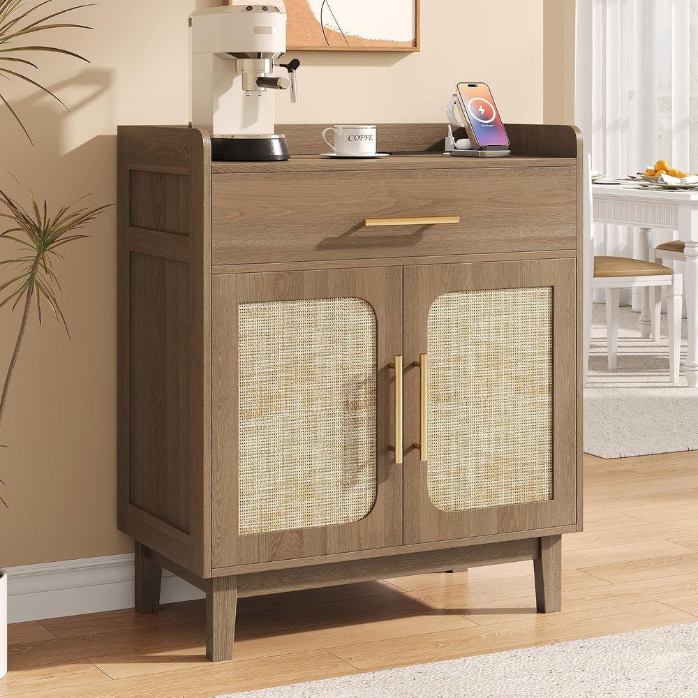 30" Rattan Sideboard Buffet Cabinet with Storage and Drawer, Boho Coffee...
