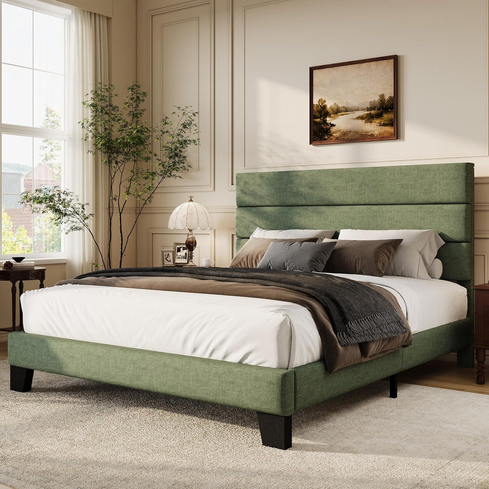 WEEWAY Full Size Fabric Bed Frame with Upholstered Headboard, Green