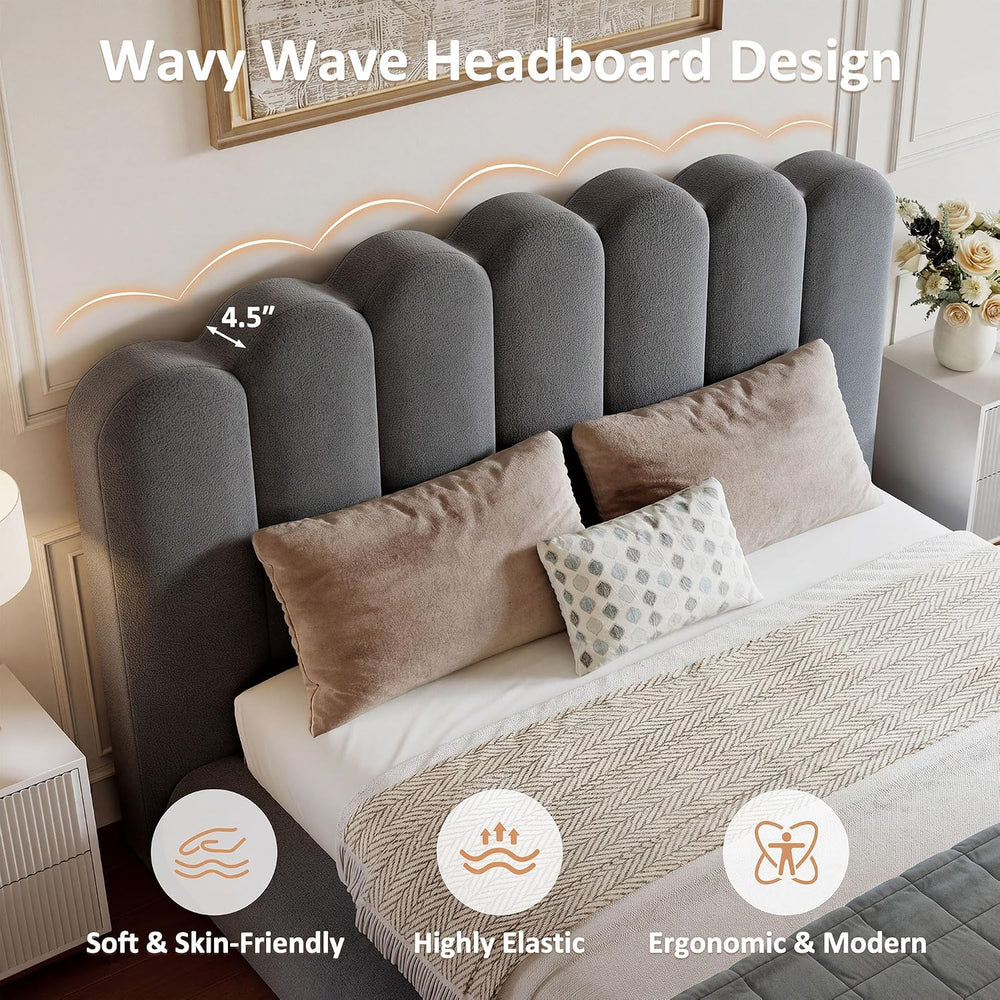 Queen Size Cloud Bed Frame with Wave Headboard, Plush Foam Upholstered Platfo...