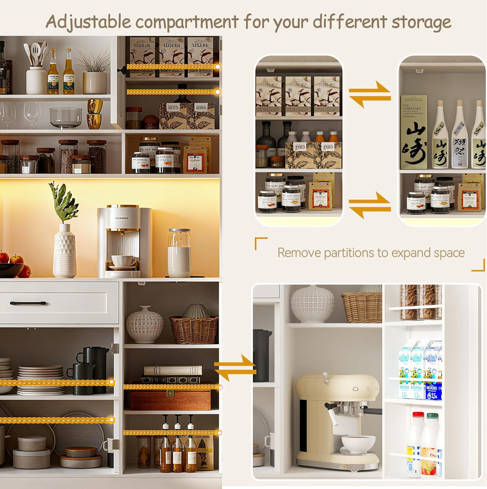 FJTJBSI 72" Kitchen Pantry Cabinet with LED Light and Charging Station T...
