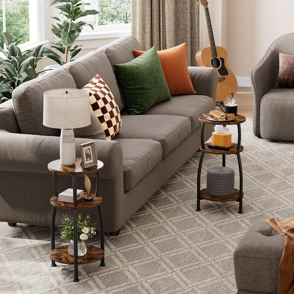 Small Round Side Table for Small Spaces, 3-Tier End Table with Storage Shelf,...