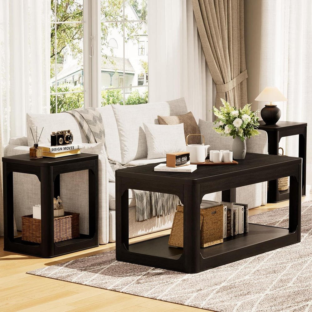 3-Piece Coffee Table Set with 2 Side Tables, Black | Two-tier storage design,...