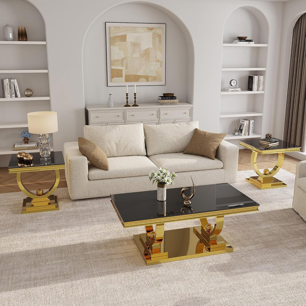 Coffee Table Set of 3, Coffee Table and 2 End Table, Gold/Black | Modern Livi...