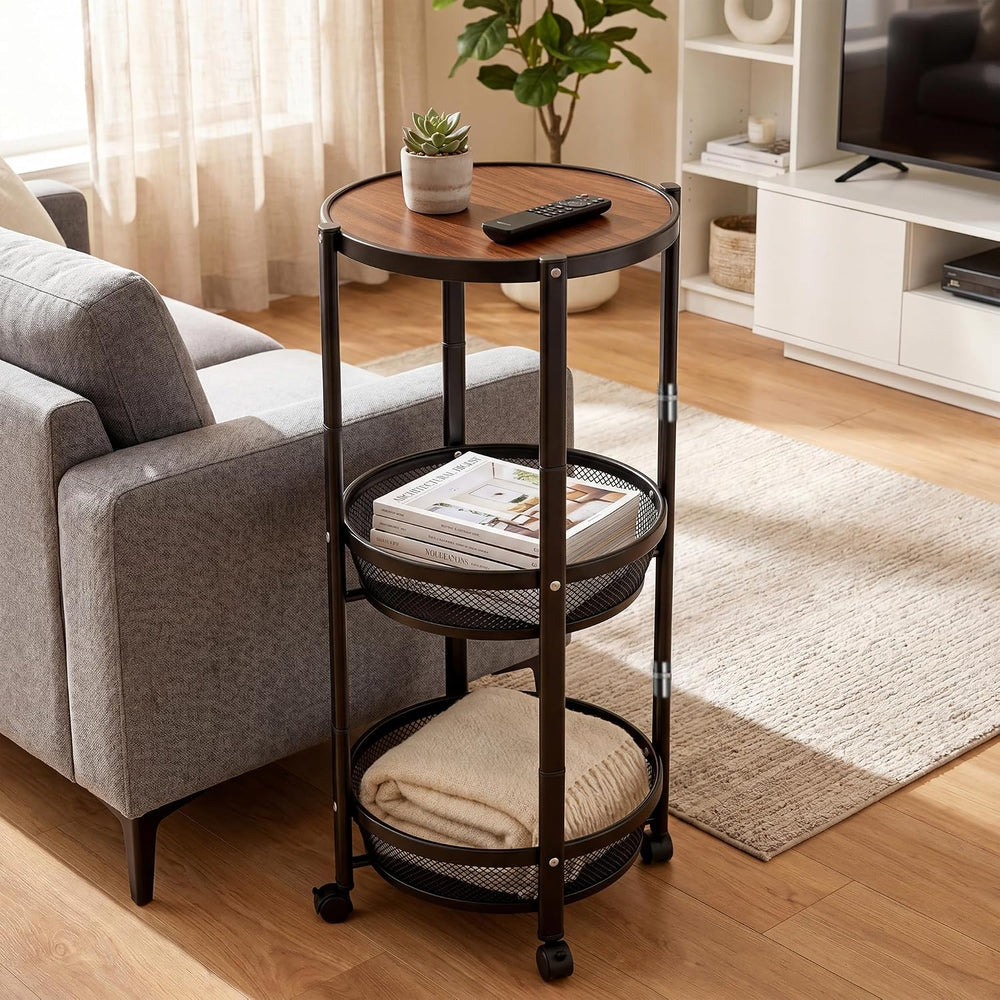 SYO 3-Tier Round Rolling Storage Cart, Foldable Metal Mesh Basket Shelving Un...
