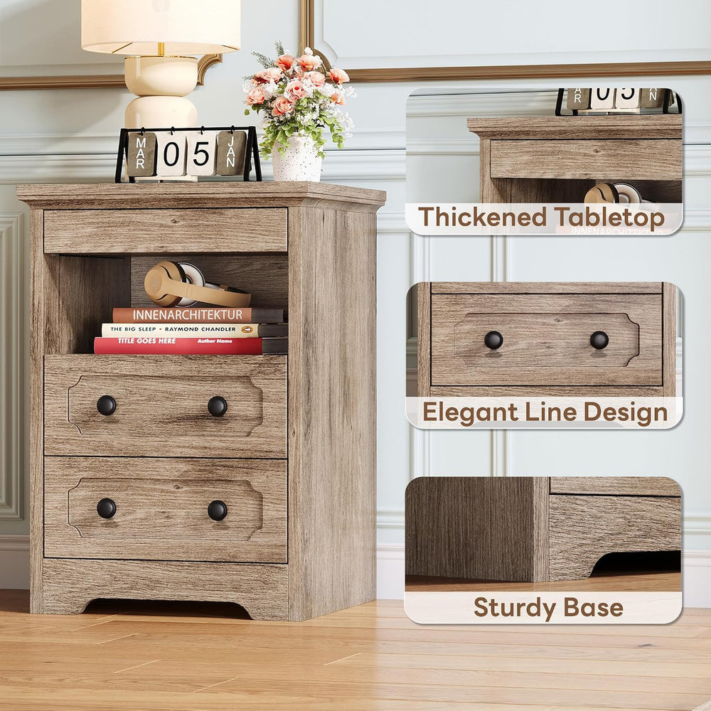 LIKIMIO Nightstand Set of 2, Night Stand with Pull Out Tray, Wooden Bedside T...