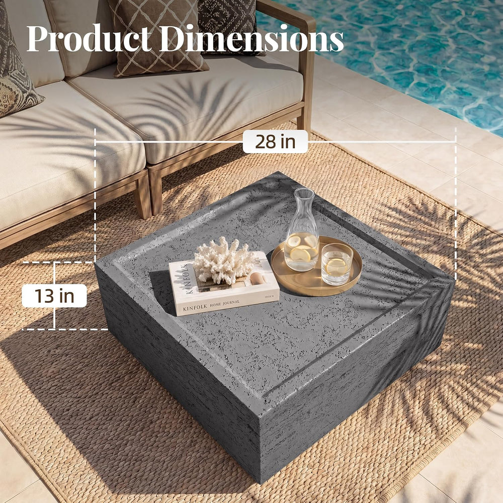 28" Square Outdoor Coffee Table, Travertine Look, Dark Gray
