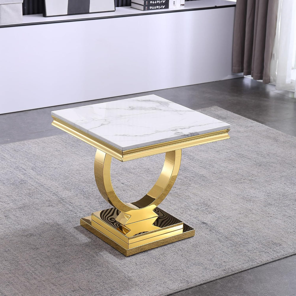 Modern Luxury Faux Marble End Table with Polished Gold Stainless Steel Base S...