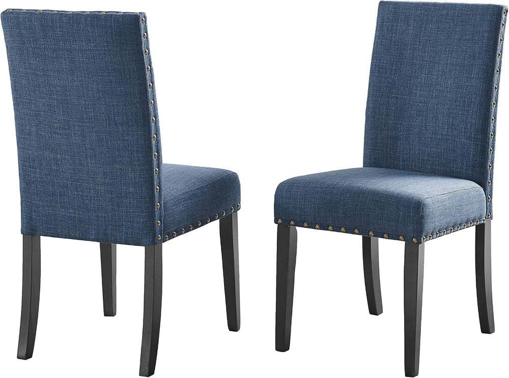 Roundhill Furniture Biony Blue Fabric Dining Chairs with Nailhead Trim, Set of 2