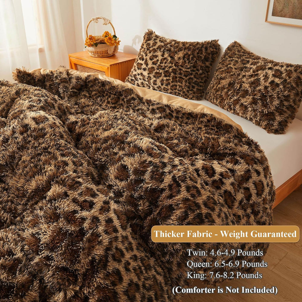 XeGe Cheetah Print Fluffy Faux Fur Duvet Cover Set, Queen, Leopard Brown