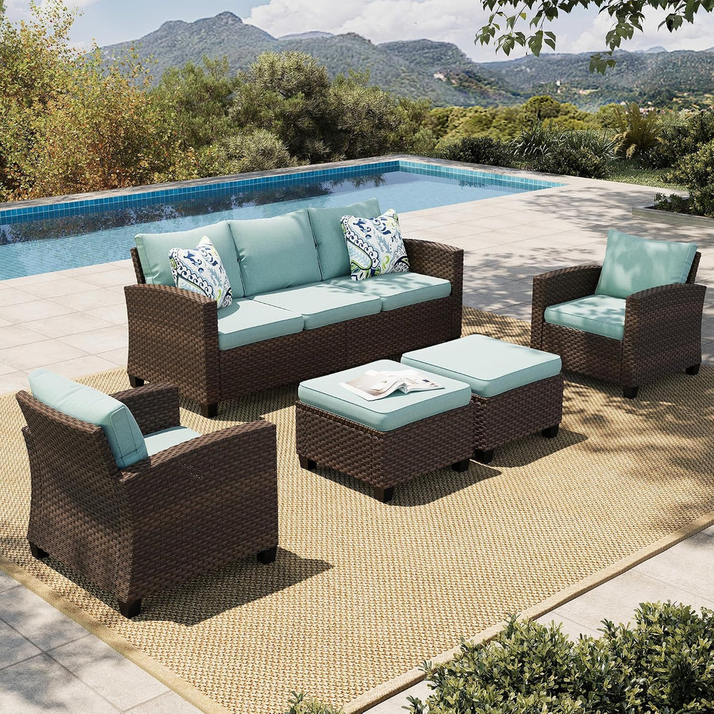 HERA'S HOUSE Outdoor Wicker Ottoman Set of 2, Patio Footstool Footrest Se...