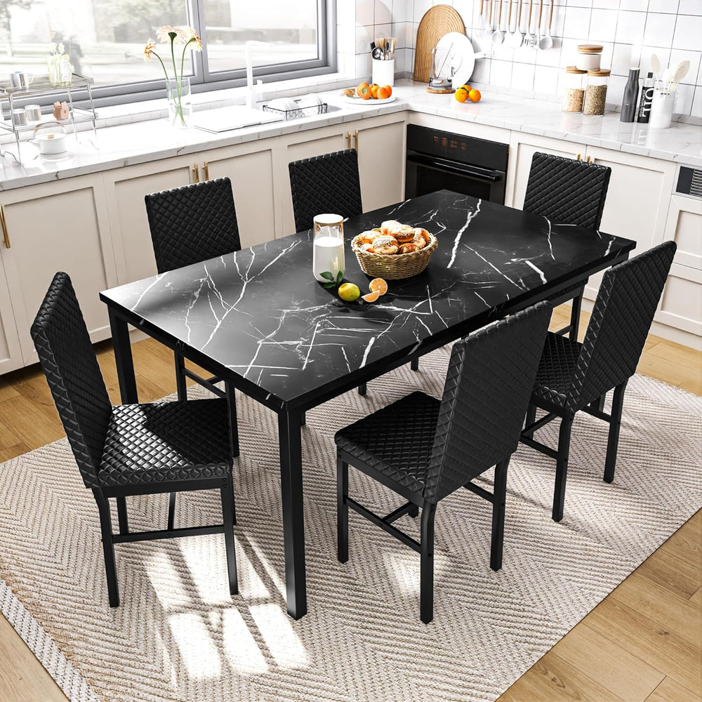 Recaceik Dining Table Set for 6, Faux Marble 7 Piece Dining Table Set with Ch...