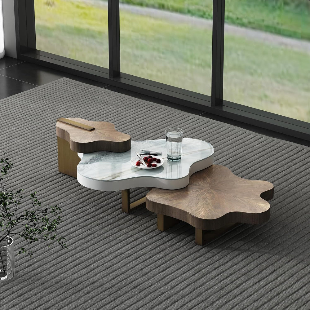Rectangular Nesting Coffee Tables Set of 2, 63in Walnut Wooden Cloud Side Tab...